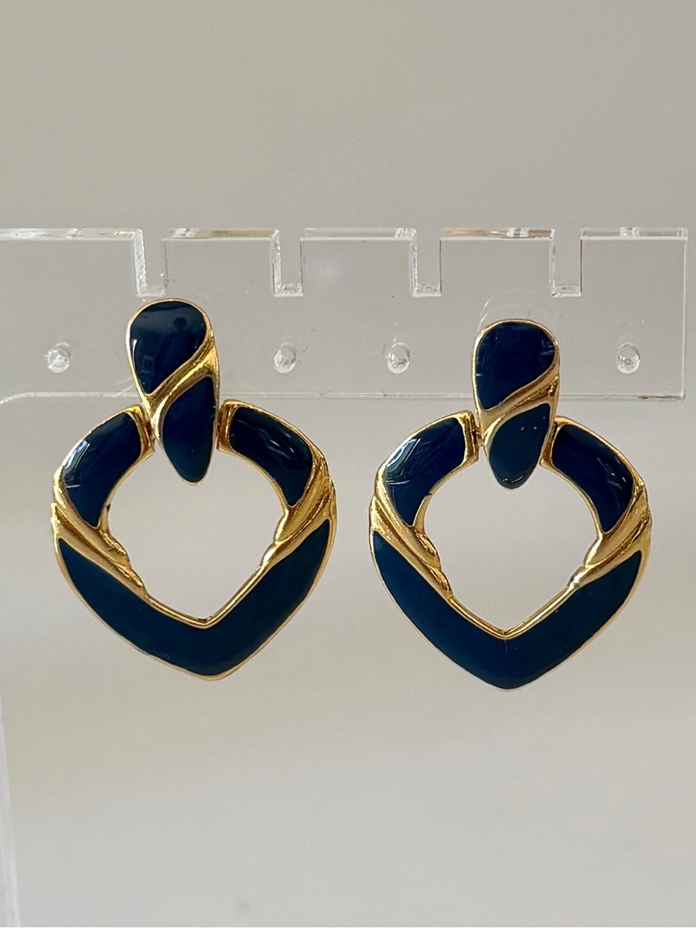 Vintage Gold and Navy Enamel Heart Drop Earrings - Women Jewelry
